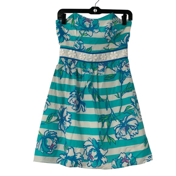 Lilly Pulitzer Strapless Langley Dress Shorely Blue Tossing The Line Floral Sz 0 - Picture 8 of 13